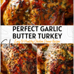 Golden roasted whole turkey coated in garlic herb butter surrounded by herbs and citrus for Thanksgiving dinner. 2